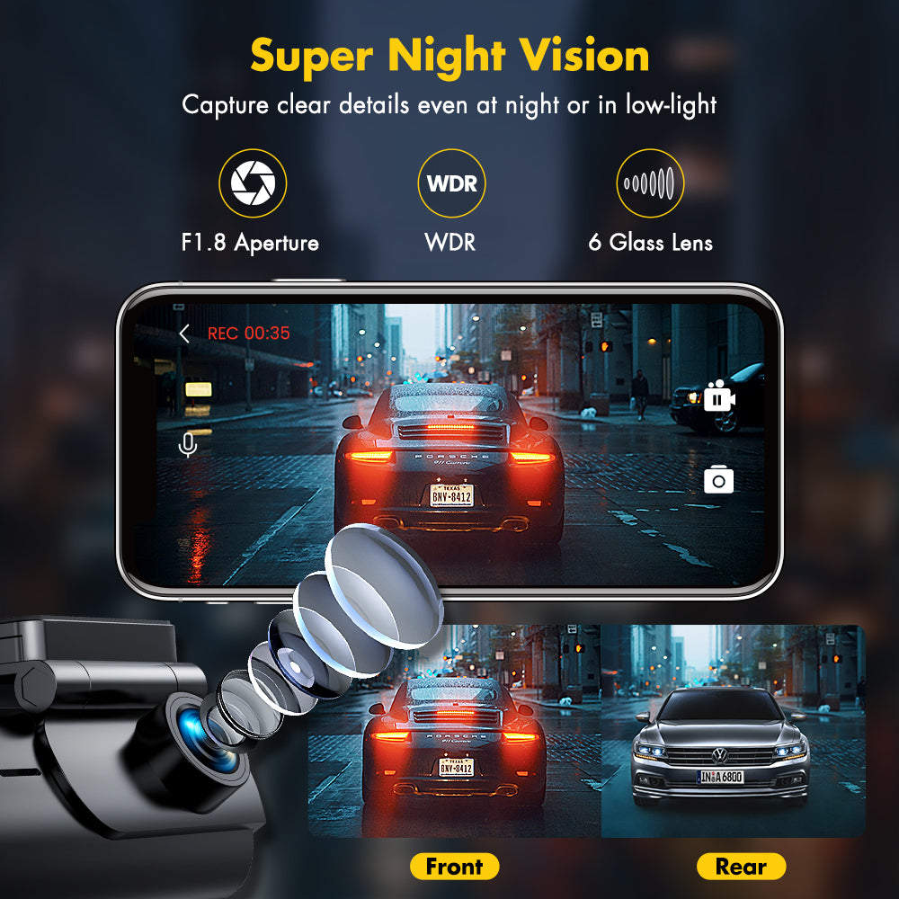 GKU Dash Cam Auto 4K, Doppia Telecamera per Auto, Full HD 2.5K+1080P WiFi Dashcam, Super Visione Notturna, Grandangolare di 170°, G-Sensor,WDR,Registrazione in loop,24H Monitor di Parcheggio,Max 256GB